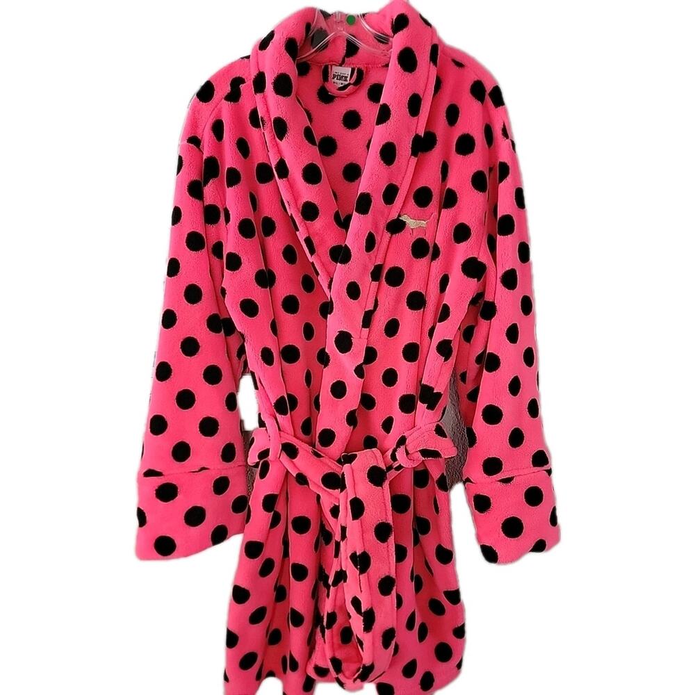 PINK Victoria's Secret Pink Polka Dot Plush Robe Sz Medium/Large
